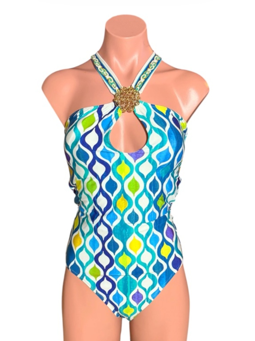 Trina Turk One Piece Halter Swimsuit Geometric Print Multi size 10